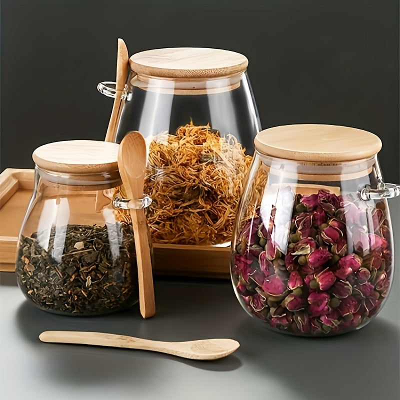 Sealing Storage Jar with Bamboo Lid and Spoon for Snacks and Kitchen