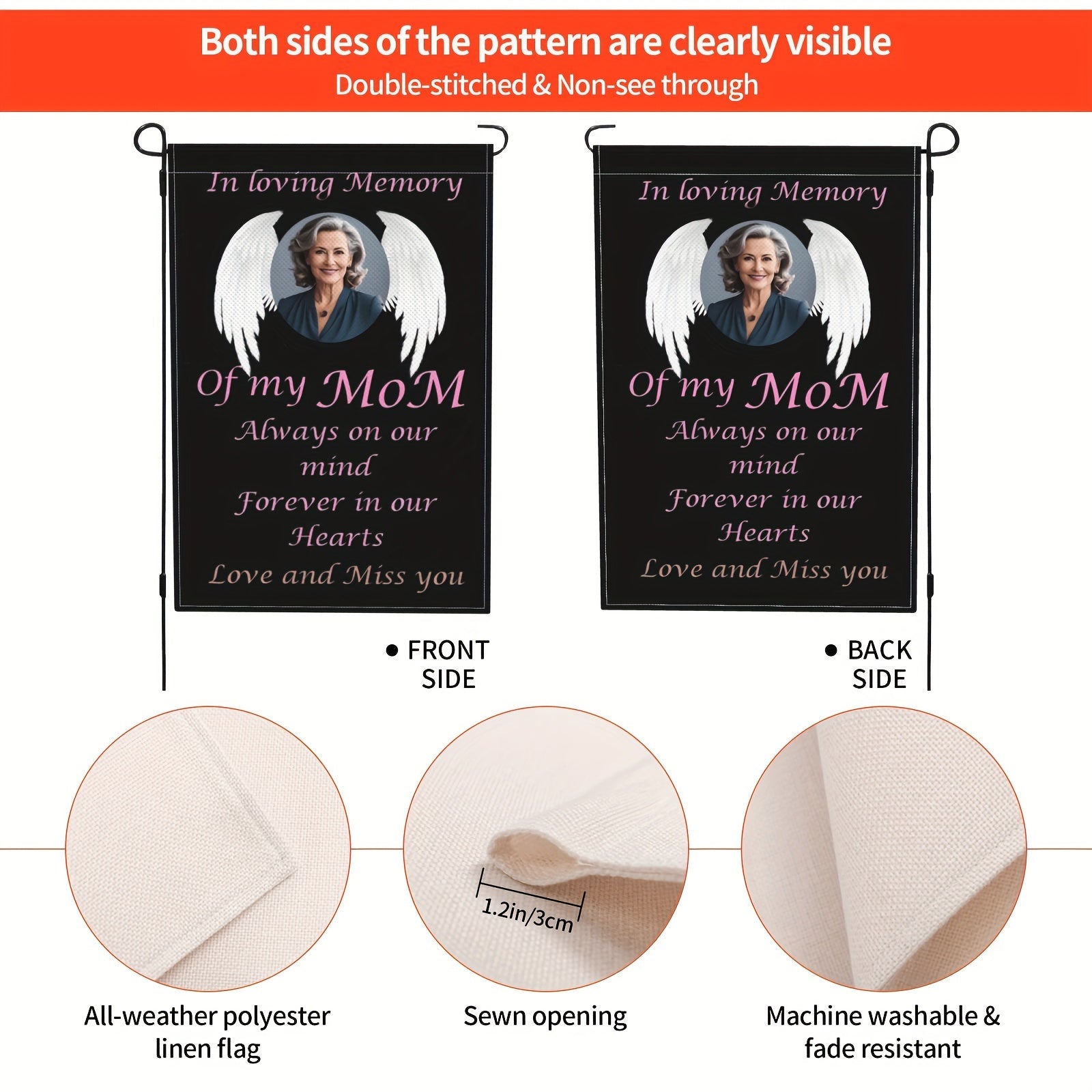 Sizning tanlovingiz bo'yicha foto bilan shaxsiylashtirilgan xotira bog'i bayrog'i, qabriston yoki hovli bezaklari uchun