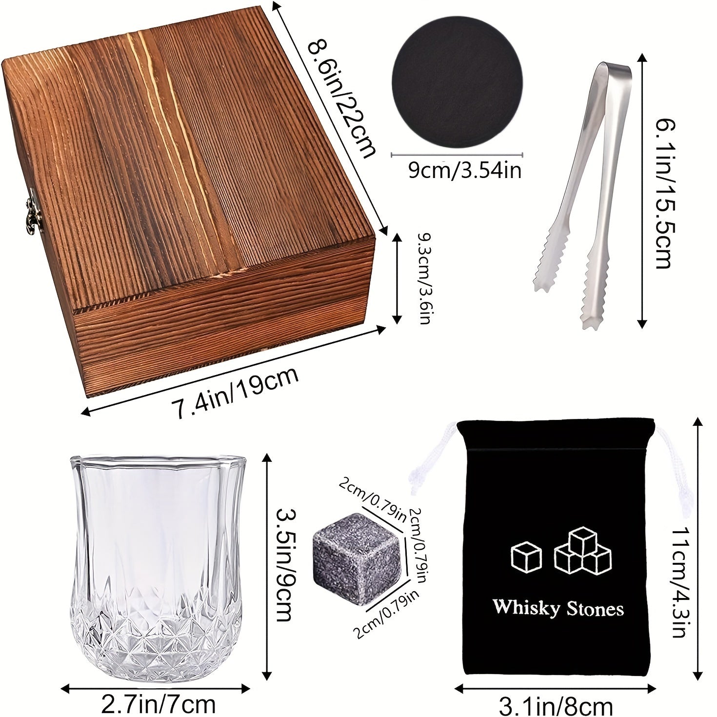 Whiskey Gift Set with Stones Tumbler and Chilling Rocks in Wooden Box for Men