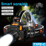 Qayta zaryadlanadigan LED bosh lampasi, aqlli sezgi, 3 rejim, zoomable, USB zaryadlash - Tashqi faoliyatlar uchun ajoyib - Type-C mos, favqulodda bosh chirog'i|Aylanadigan bosh chirog'i|Zamonaviy Dizayn