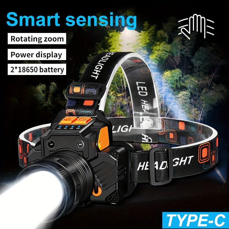 Qayta zaryadlanadigan LED bosh lampasi, aqlli sezgi, 3 rejim, zoomable, USB zaryadlash - Tashqi faoliyatlar uchun ajoyib - Type-C mos, favqulodda bosh chirog'i|Aylanadigan bosh chirog'i|Zamonaviy Dizayn