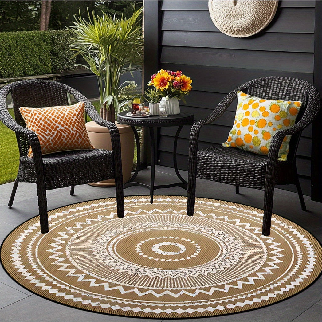 Bohemian Jute Round Area Rug with White Patterns Non-Slip Washable Large Indoor Outdoor Decor
