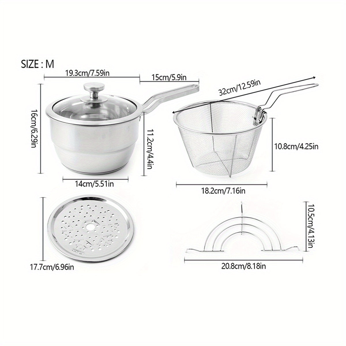Set of 4 Stainless Steel Deep Frying Pans with Strainer Insert Cookware Set for Home Kitchen