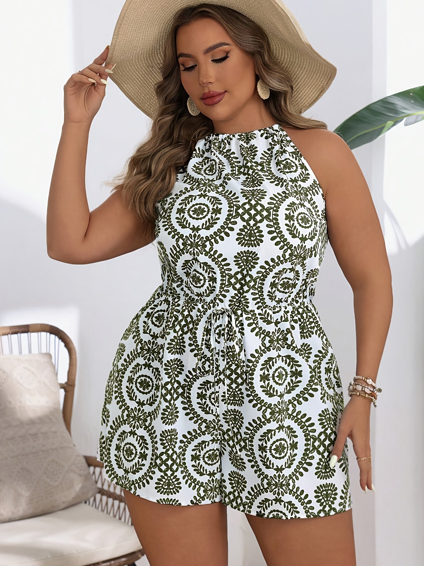 Women's White Green Floral Sleeveless Jumpsuit with Tie Back Casual Summer