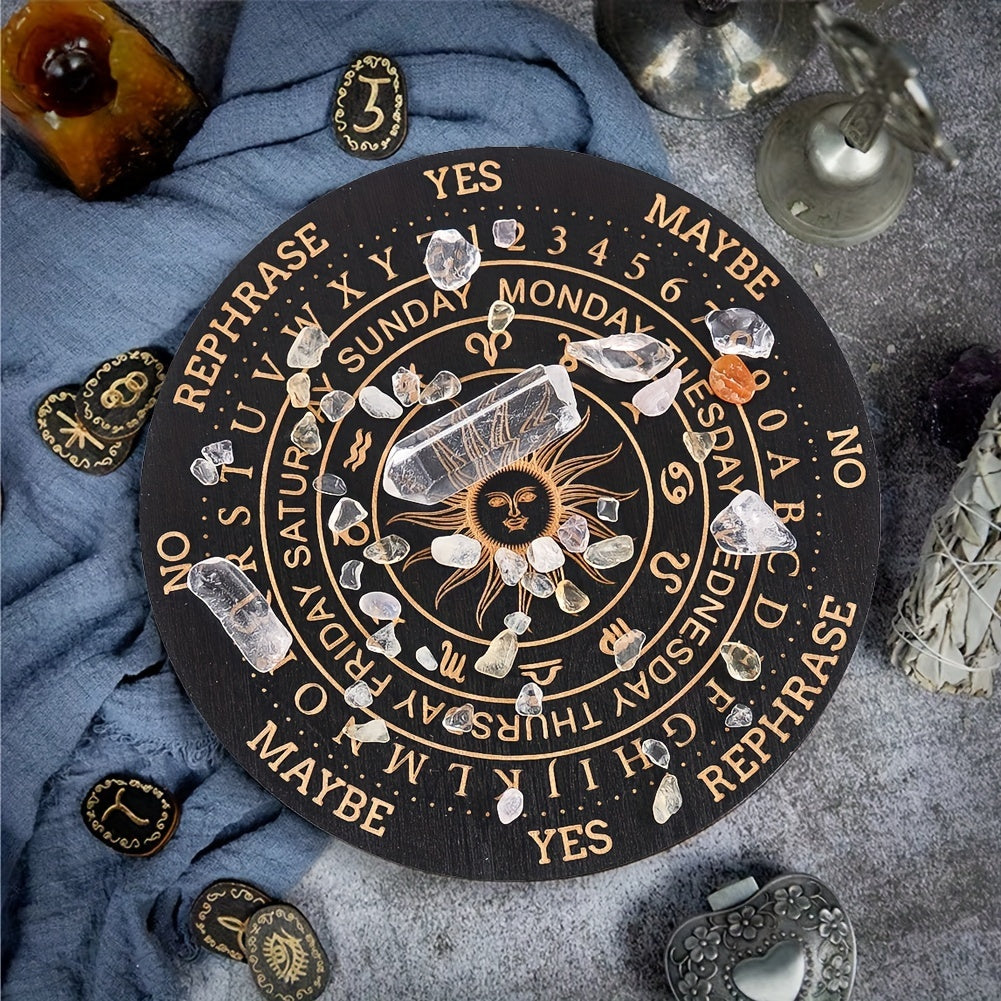 Art Deco Wooden Divination Meditation Coaster with Zodiac Sun Pendulum Board and Crystal Stand