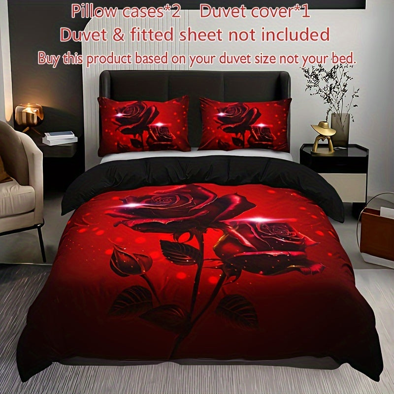 Red Rose Print Duvet Cover Set with 2 Pillowcases Breathable Polyester All Season