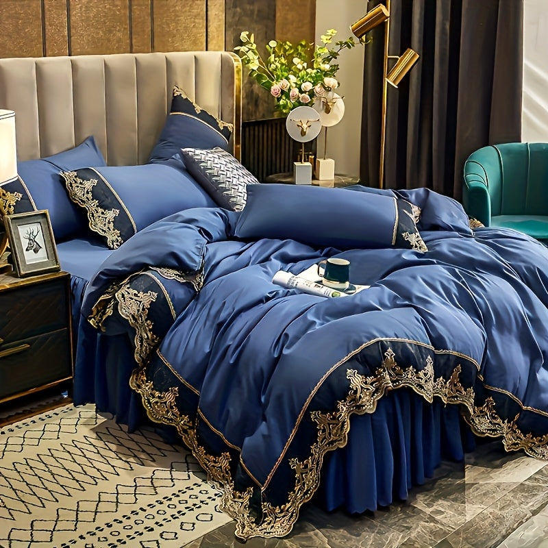 Luxury Polyester Duvet Cover Set with Golden Lace Accents, Solid Color, Zipper Closure