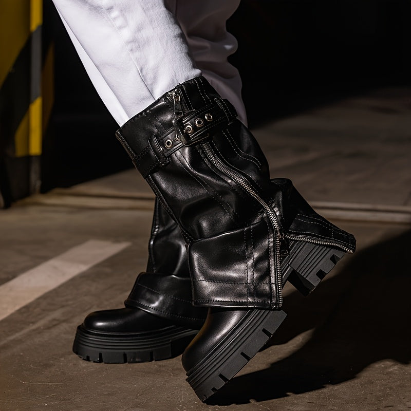 Women's Faux Leather Chunky Platform Mid-Calf Boots with Zipper and Buckle