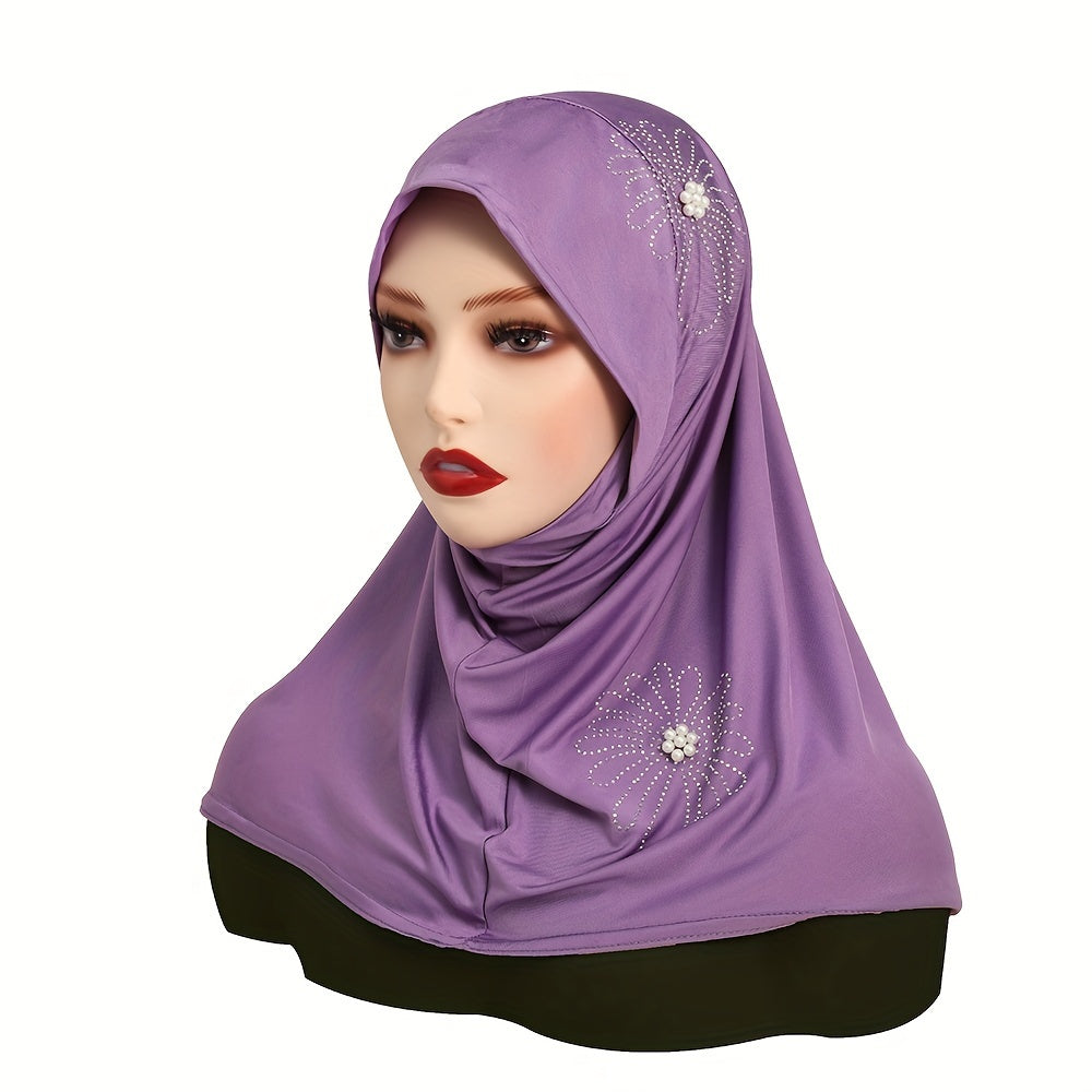 Women's Solid Color Elastic Polyester Hijab with Rhinestone and Pearl Accents