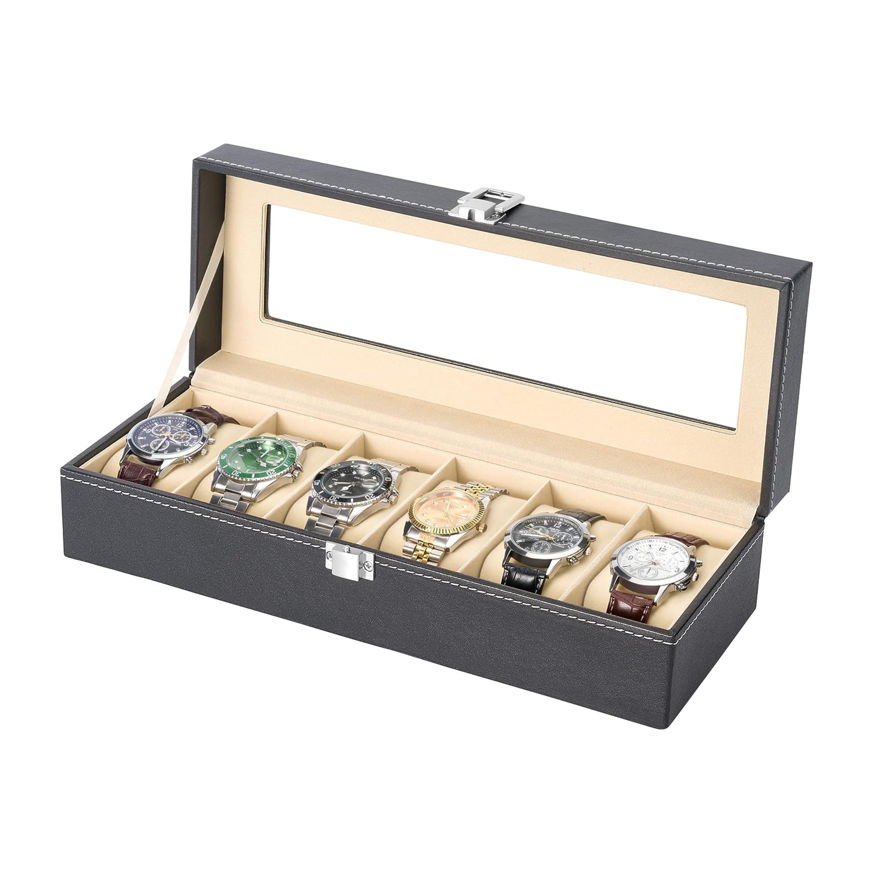Leather Watch Storage Box with Glass Top for 1, 6, 12, or 24 Watches