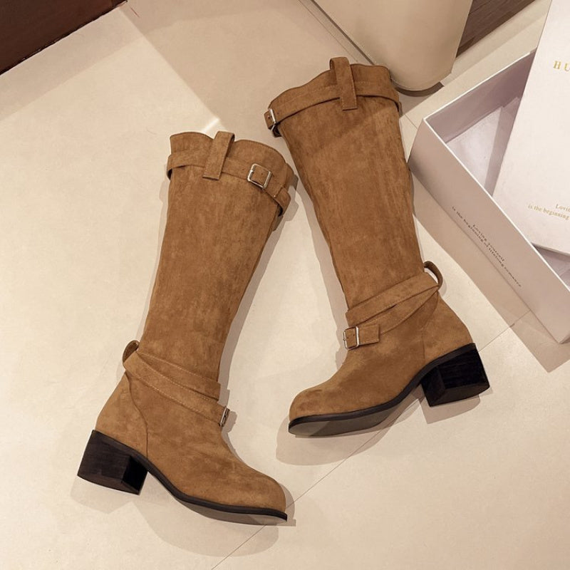 Women's Black Over-the-Knee Riding Boots with Chunky Heel and Buckle Strap