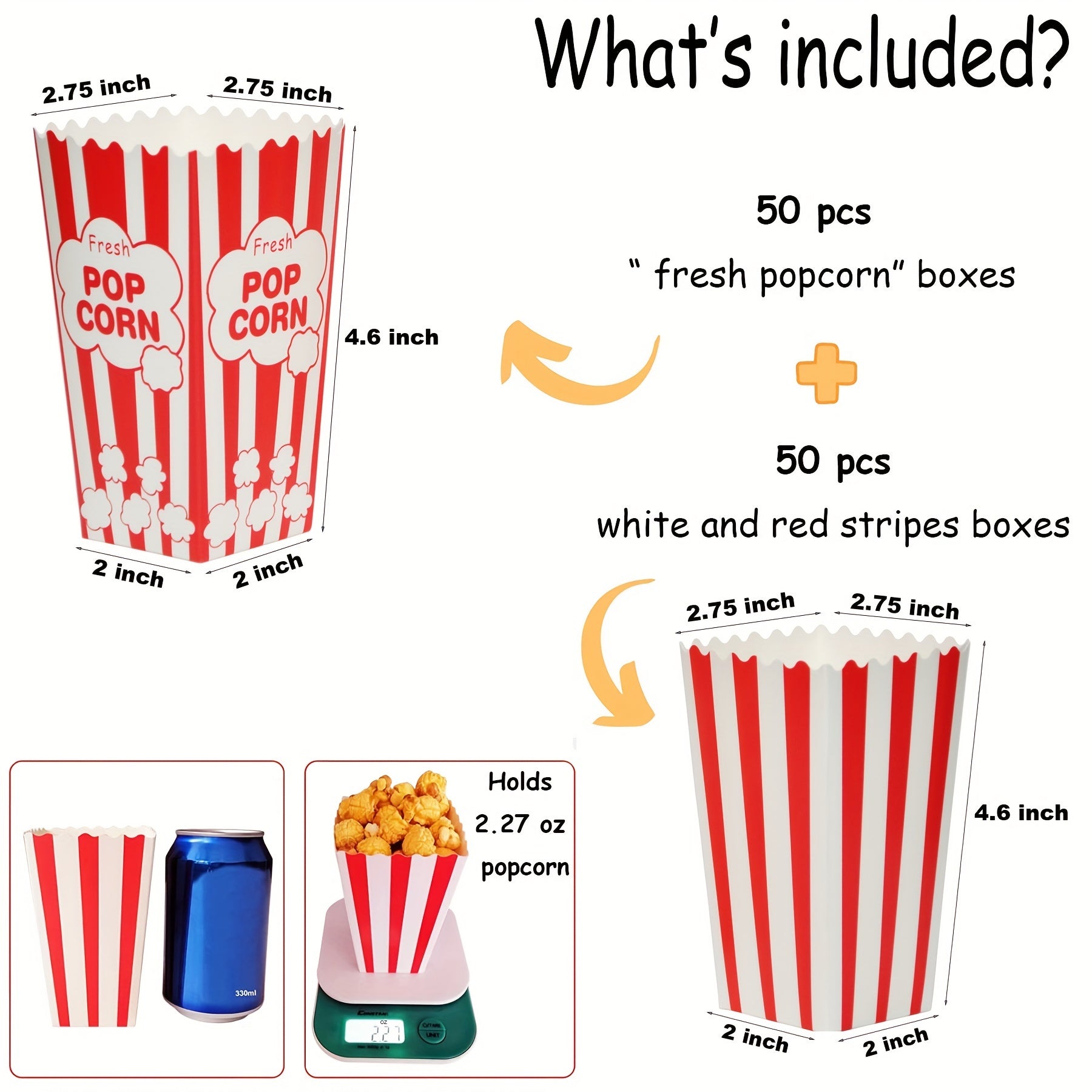 100 Disposable Red and White Popcorn Boxes 2.27oz for Movie Theater Carnival