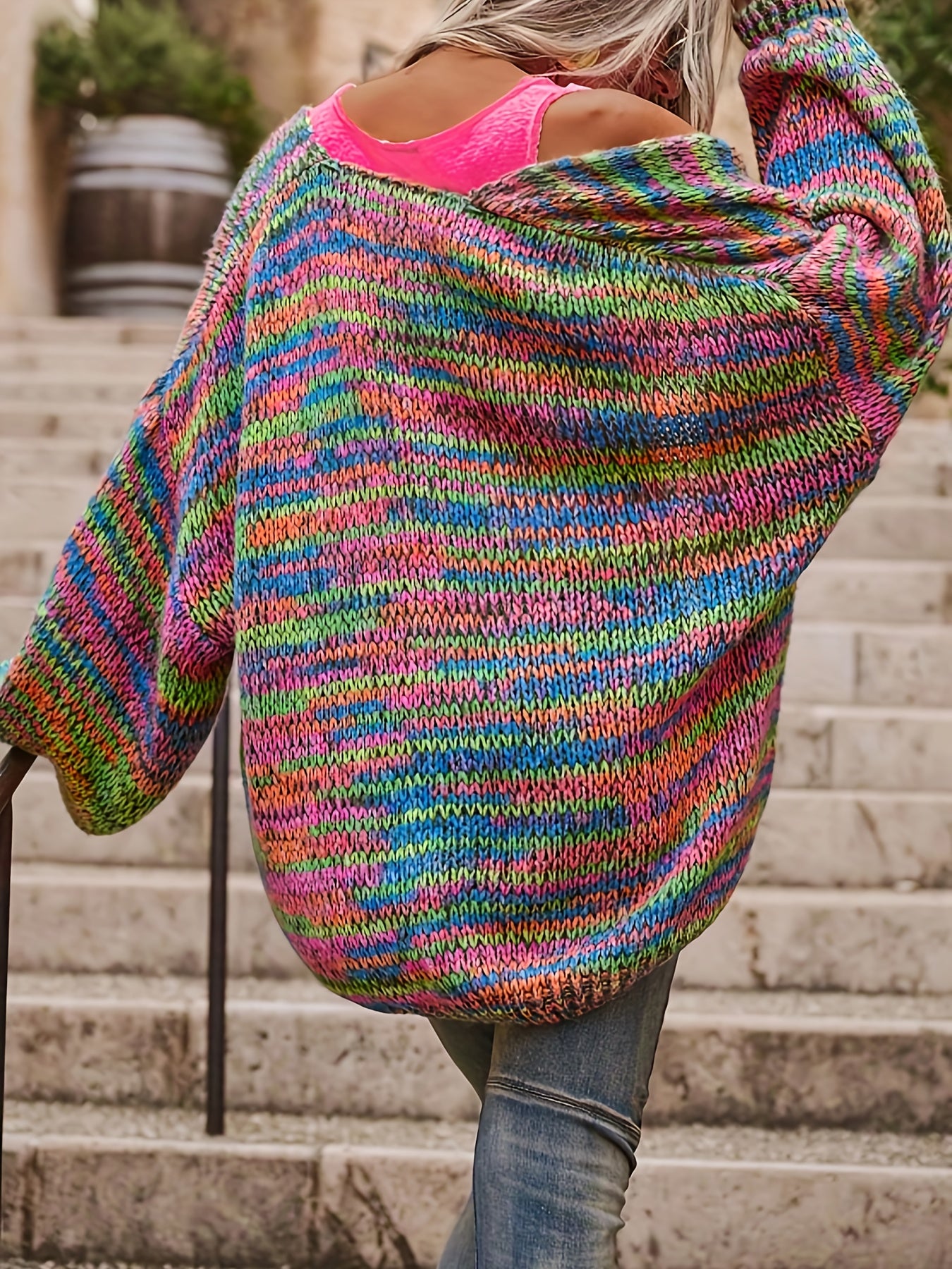 Plus Size Women's Sweater Open Front Colorful Stripes Cozy Fall Winter Pullover