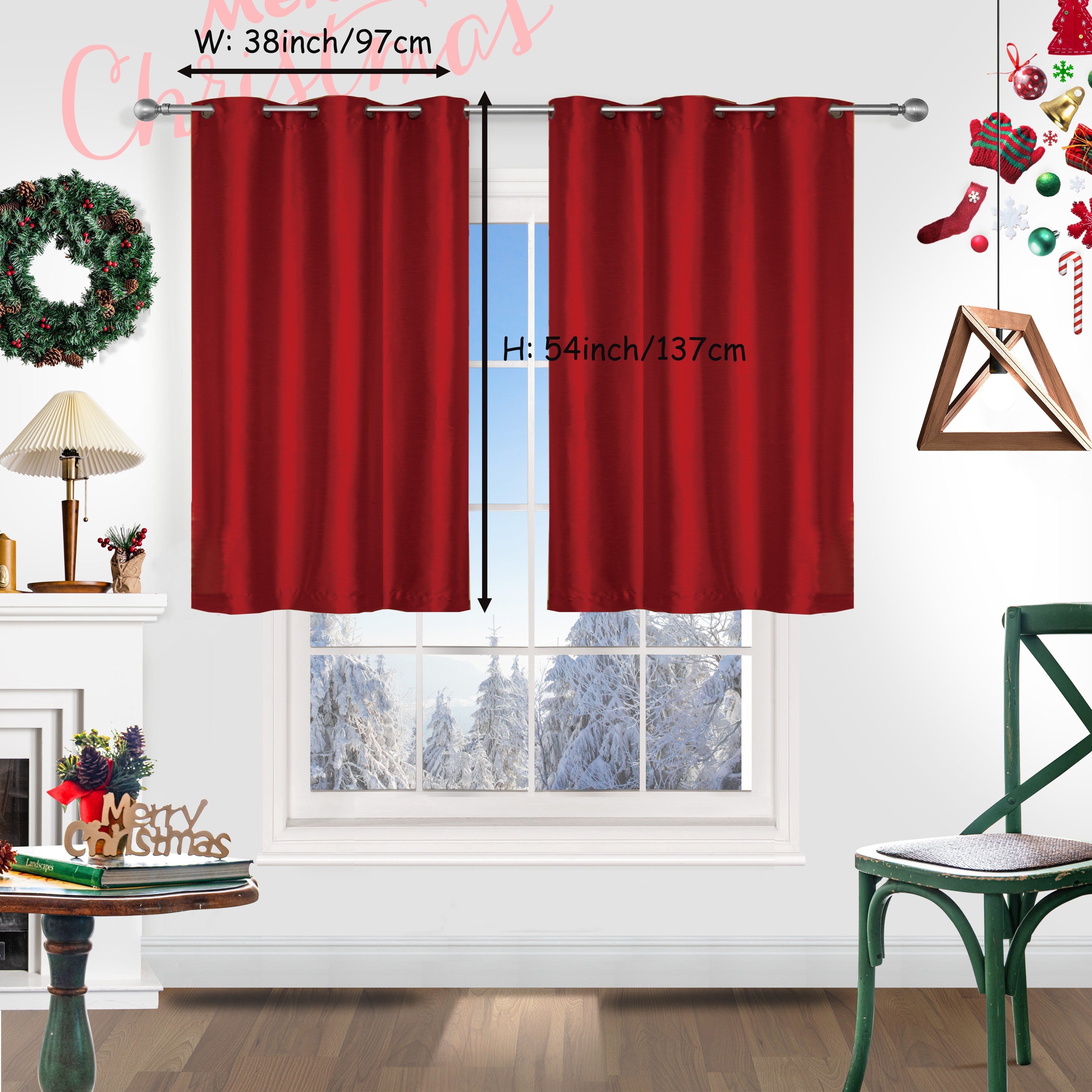 Red Christmas Curtains 2 Pieces Faux Silk Grommet Top for Living Room Bedroom Office