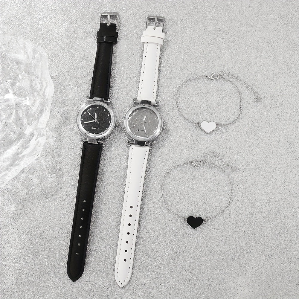 Ayollar va erkaklar uchun 4 ta kvarts soat va yurak bilakuzuklari to'plami, faux charm leather straplar, zamonaviy dumaloq qobiq, sovg'a to'plami