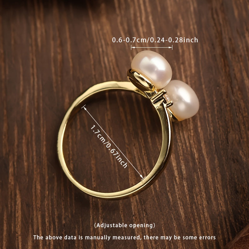 Women's Pearl Ring with Two 6-7mm Freshwater Pearls Open Design Jewelry