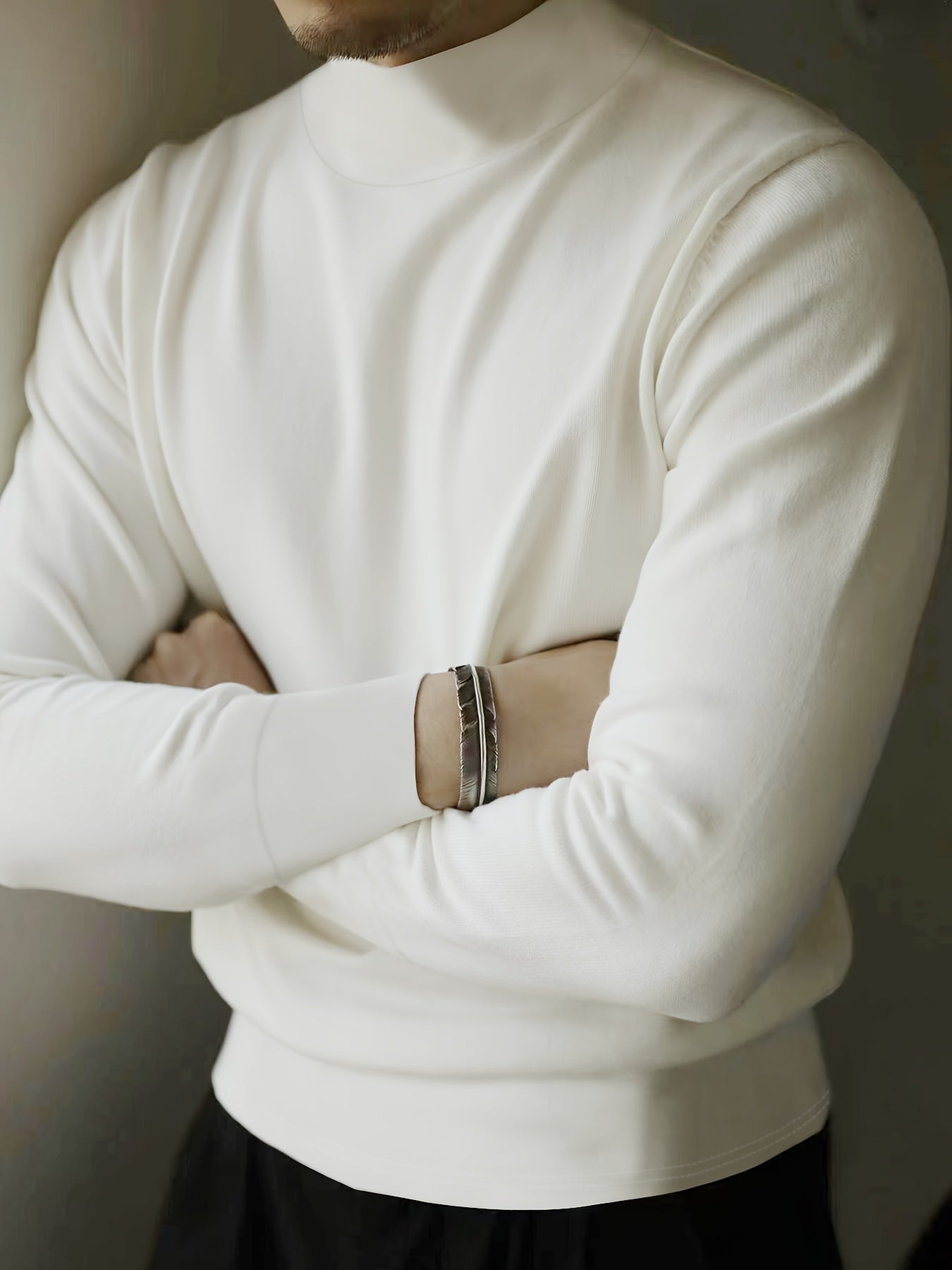 Adult Long Sleeve Mock Neck T-Shirt Polyester Blend Solid Color Casual