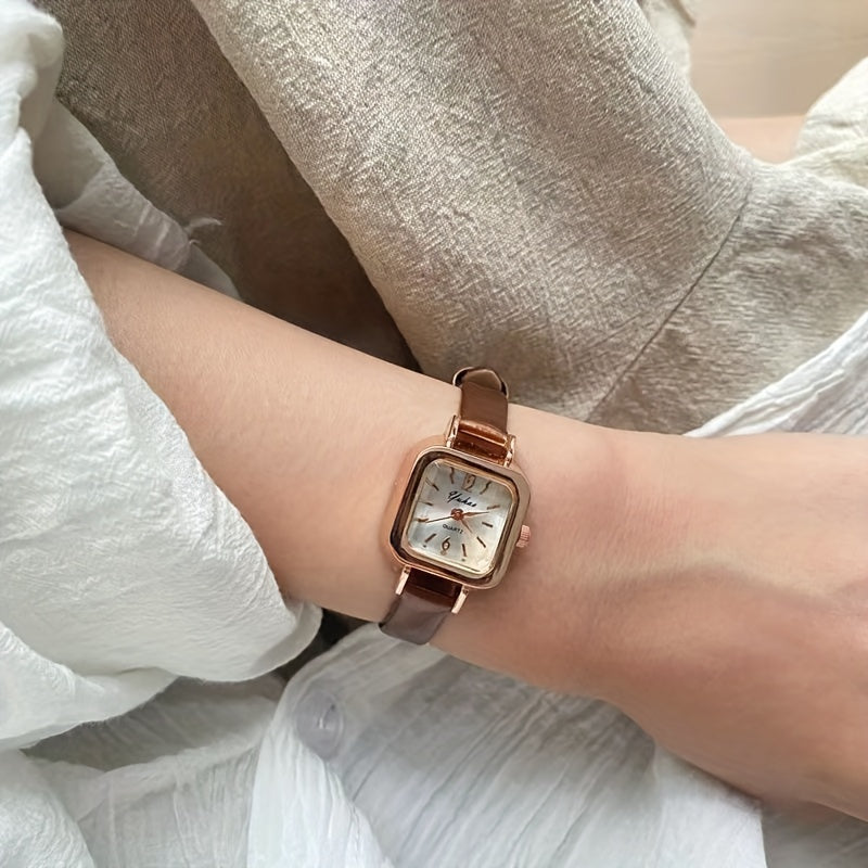 Women's Mini Square Quartz Watch with Faux Leather Strap White Dial Elegant Wristwatch