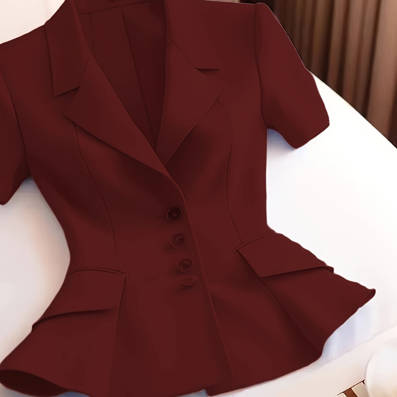 Pink Women's Blazer Short Sleeve Ruffled Hem Slimming Fit Office Casual Polyester