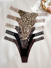 5pcs Rhinestone Leopard Print Low Waist Thongs Women’s Stretchy Lingerie