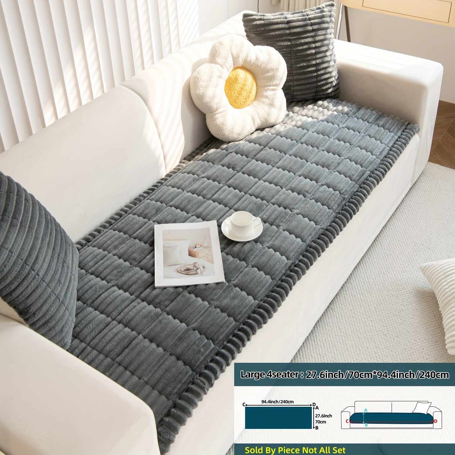 Boho Style Quilted Short Plush Sofa Cover with Ruffle Design Non-Slip Pet Friendly Machine Washable