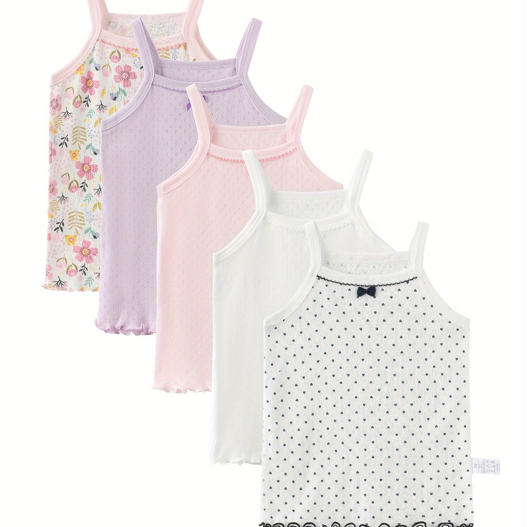 Girls' Floral Print Tank Tops Set with Bow Details Off-Shoulder Semi-Sheer Knit Fabric
