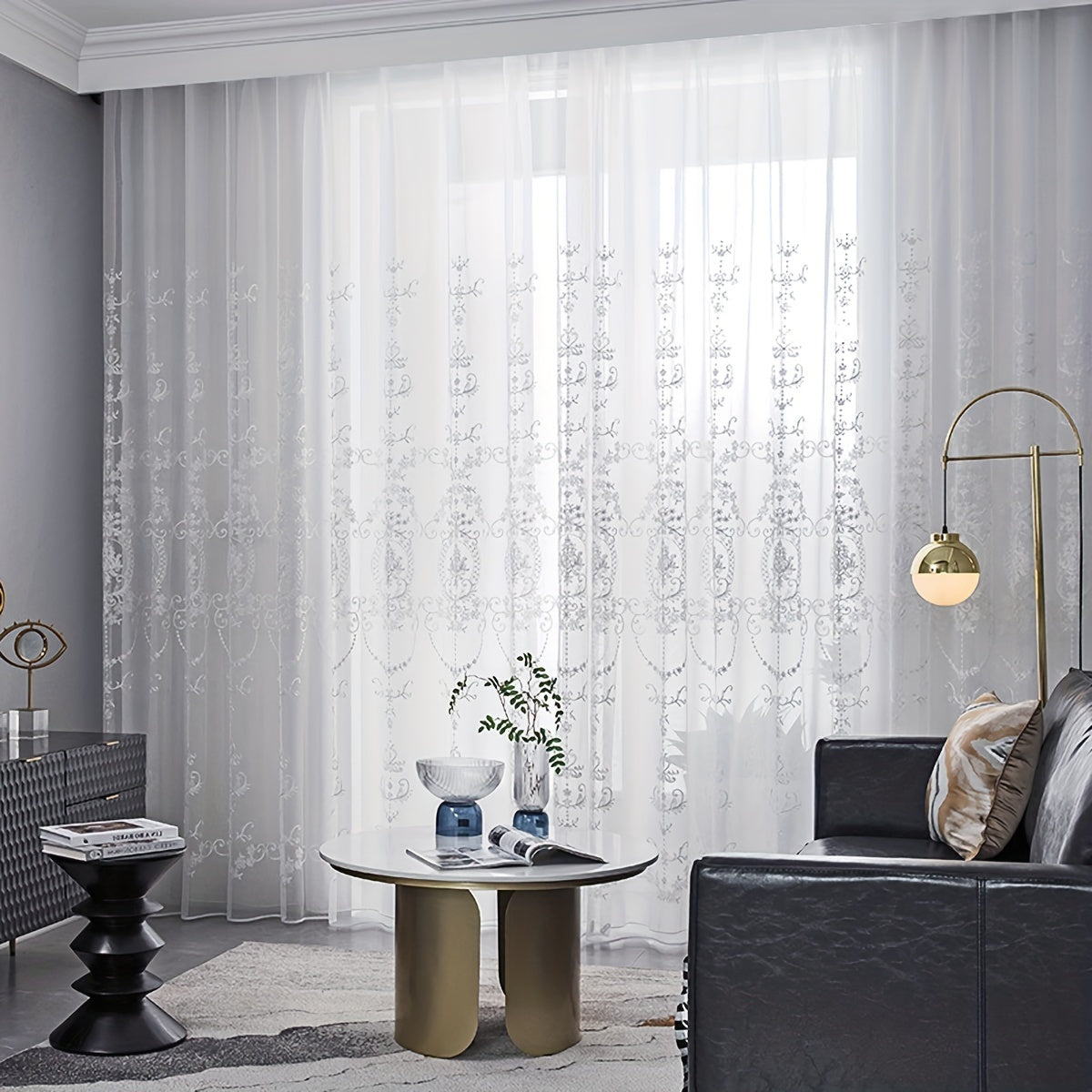 White Sheer Curtain with Geometric Flower Embroidery, Rod Pocket for Living Room Bedroom