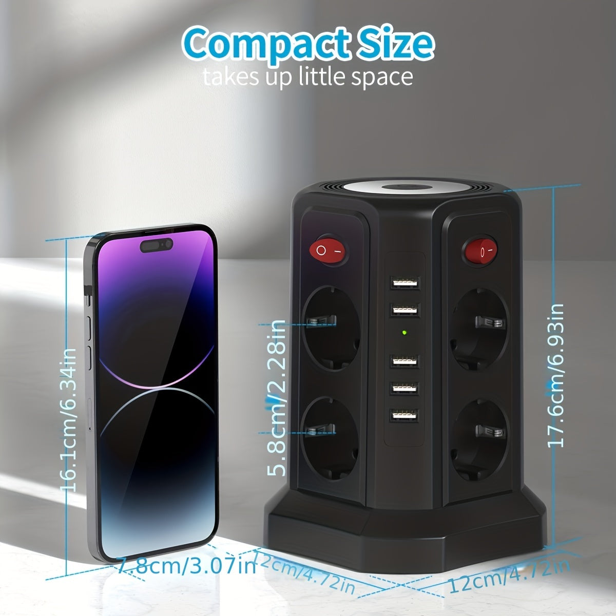 Multi-Socket Power Strip with 5 USB Ports 8 Outlets 4 Switches 3M Extension Cable Surge Protection