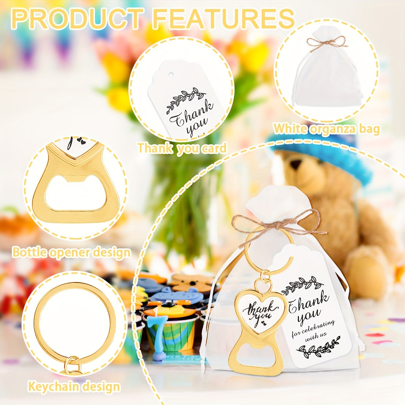 24 Wedding Bottle Openers with Cards and Organza Bags for Guests