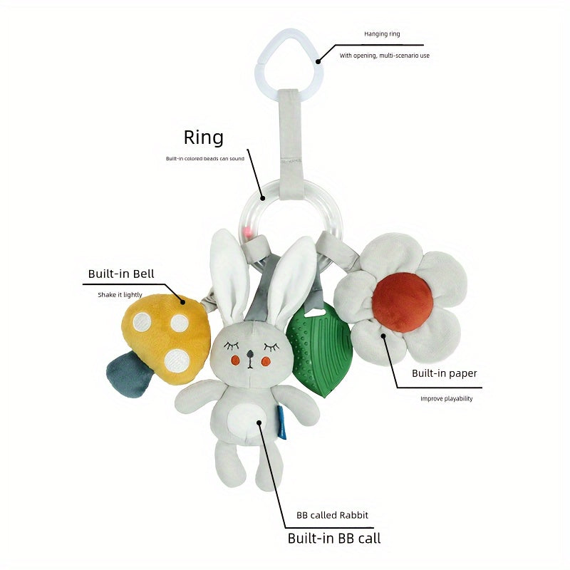Baby Car Seat Toy Plush Mobile with Mirror Teething Ring Textured Beads for Stroller and Crib