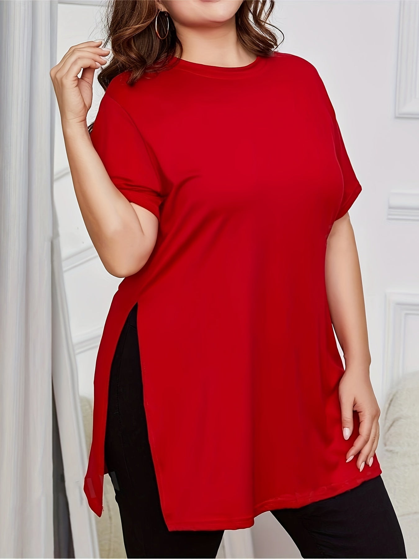 Women's Plus Size Solid T-Shirt with Side Split Short Sleeve Casual Cotton