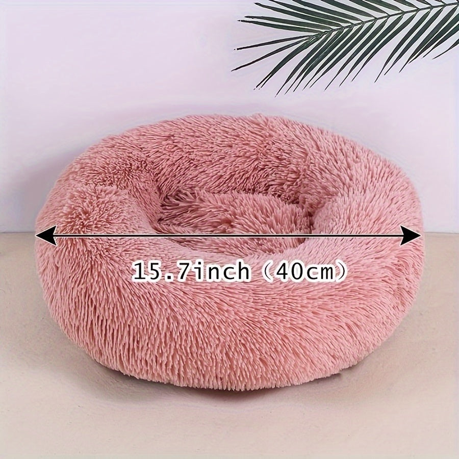 Round Plush Cat Bed for Small Dogs Non-Slip Bottom Warm Fill Striped Design