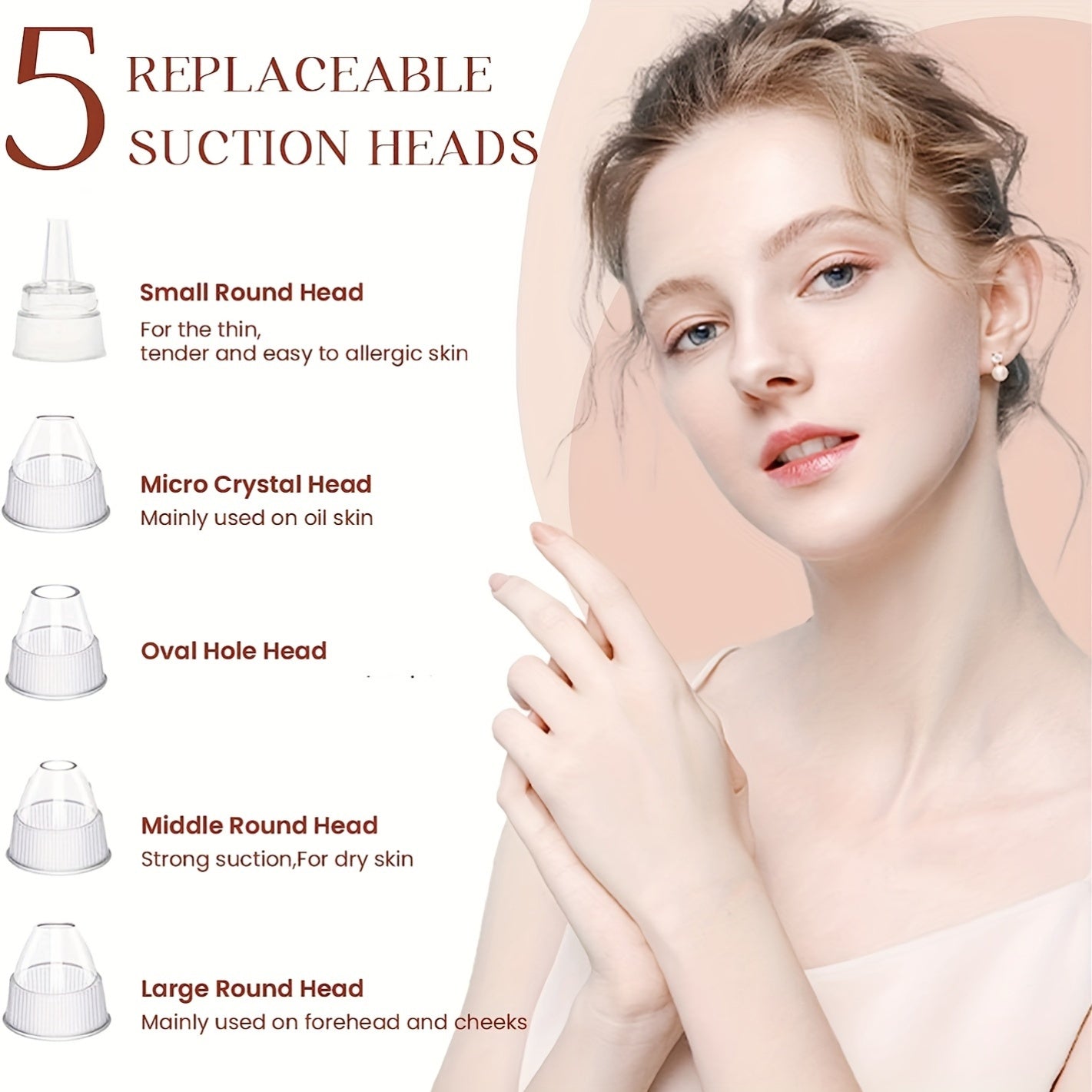 Вакуумный очиститель пор лица с 3 уровнями всасывания и 5 насадками, перезаряжаемый через USB