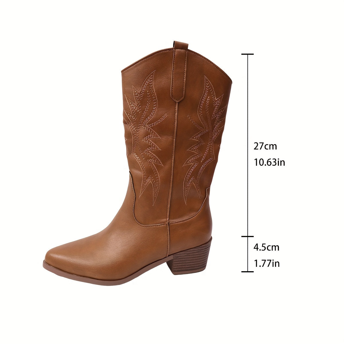 Women Western Cowboy Boots Pointed Toe Thick Heel Embroidered Mid-Calf Solid Color