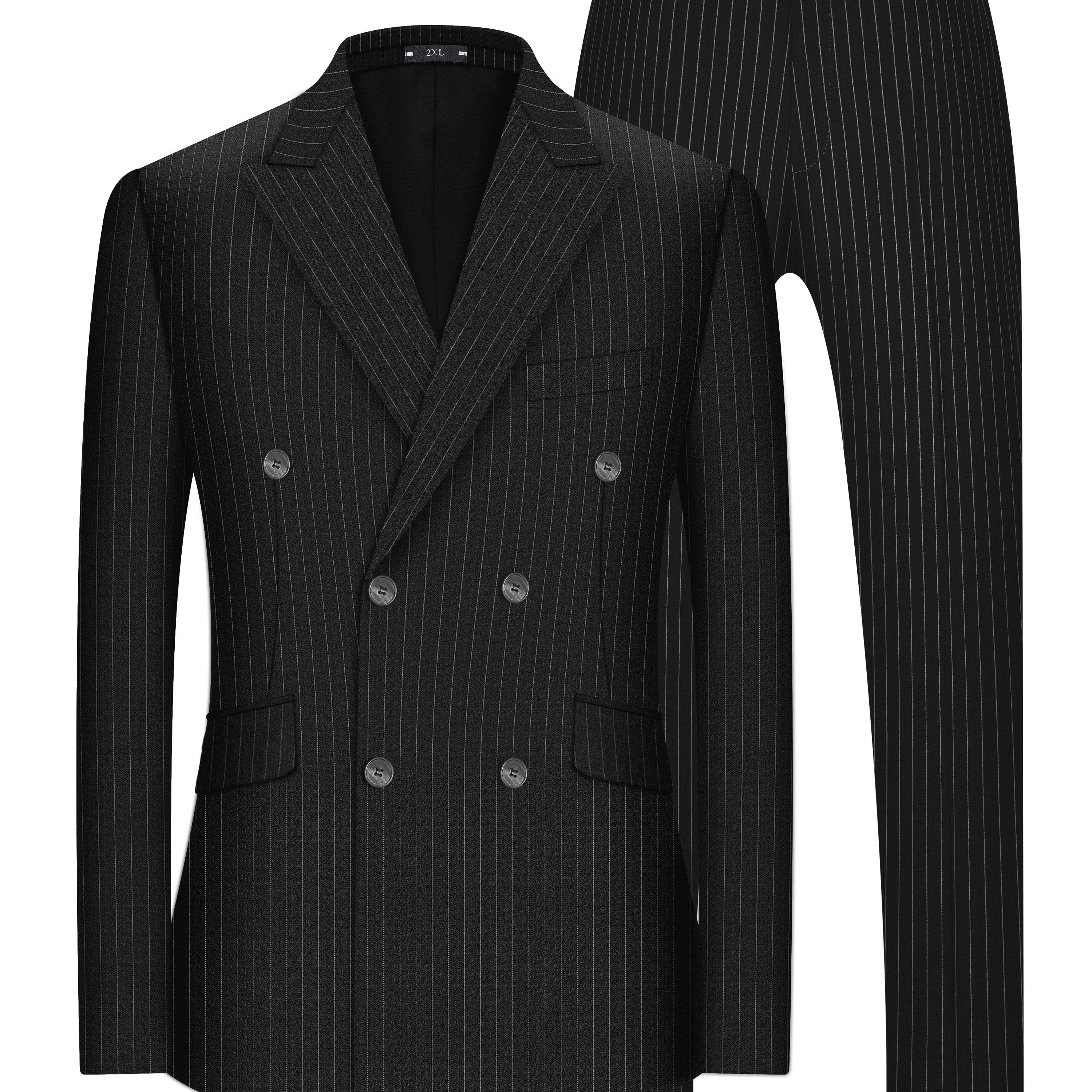 Plus Size Striped Double-Breasted Blazer and Pants Set in Gunmetal Gray for Business and Formal Wear