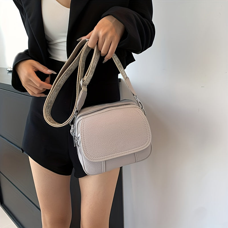 Square Crossbody Bag with Wide Strap Zipper in Solid Color PU Material