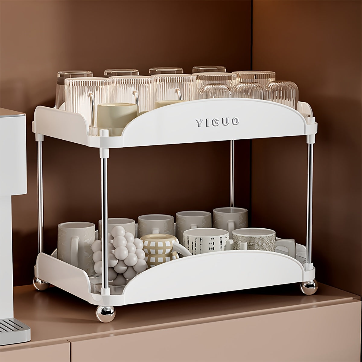 YIGUO Qopqoqsiz Ikki Qavatli Oshxona Tashkiliy Raqami - Chashkalar, Kofe Qoplari, Kofe Podlari uchun - Ochiq Saqlash Dizayni, Ko'p Maqsadli, Assembling Kerak Emas, Stol va Sirt Ko'rsatish Polka Kiritilgan