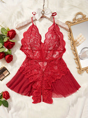 Women's Red Lace Teddy with Open Crotch Halter Backless Lingerie