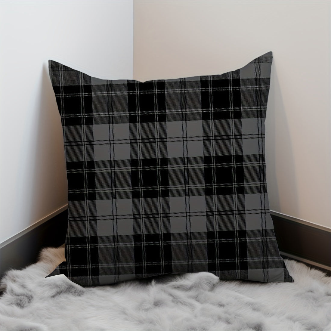 Grey and Black Plaid Velvet Throw Pillow Cover 45.72cm Zipper Machine Washable