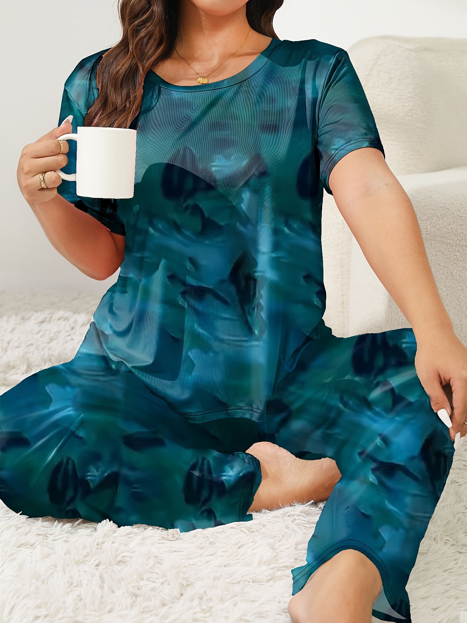 Plus Size Women's Pajama Set Polyester Knit All-Season Short Sleeve Top Long Pants Sleepwear