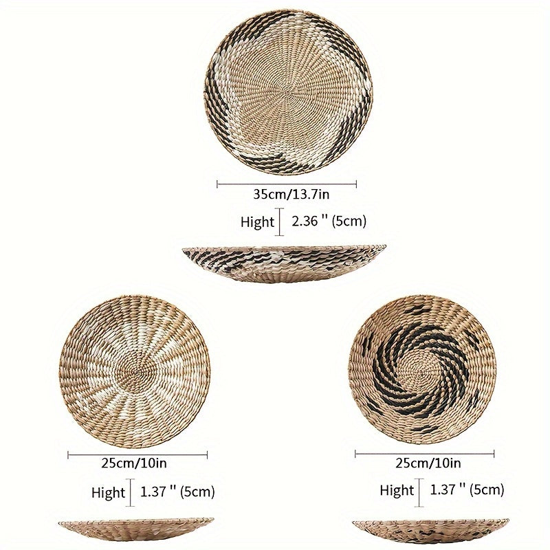 Set of 3 Handmade Bohemian Reed Wall Baskets Rustic Farmhouse Hanging Decor for Living Room Bedroom