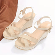 Women's Glittery Beige Open Toe Wedge Sandals with Ankle Straps