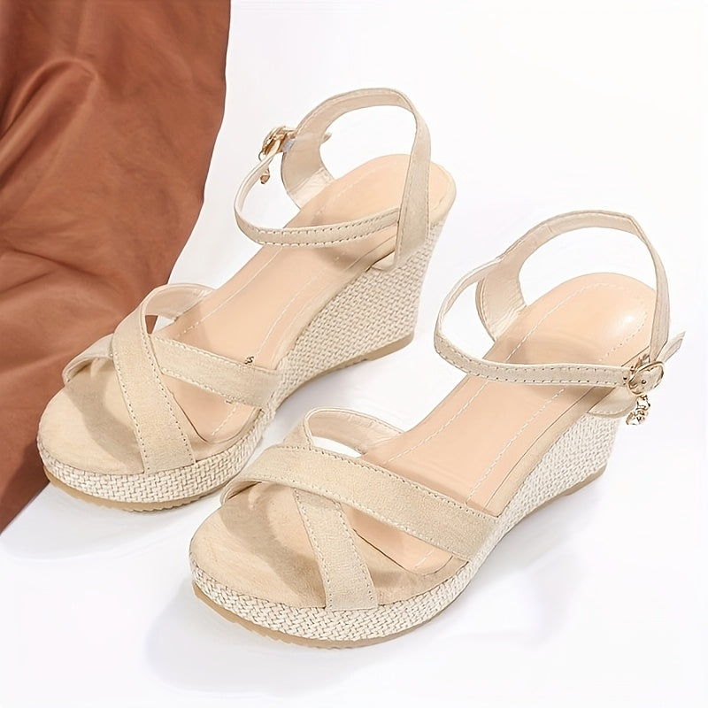Women's Glittery Beige Open Toe Wedge Sandals with Ankle Straps