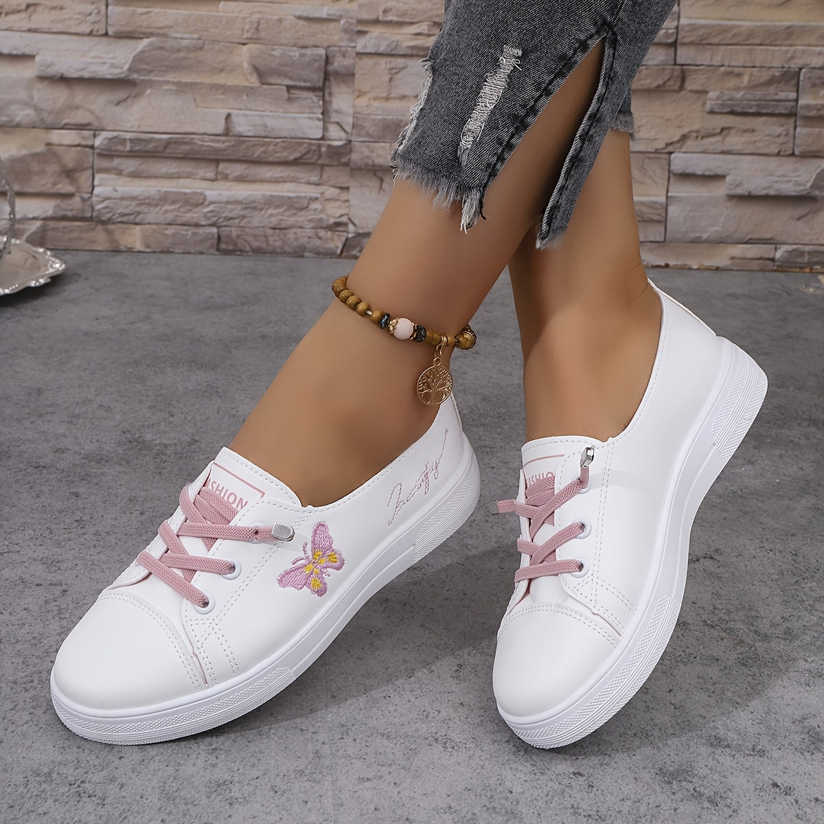 Women's Butterfly Embroidered Casual Sneakers White Lightweight Low Tops