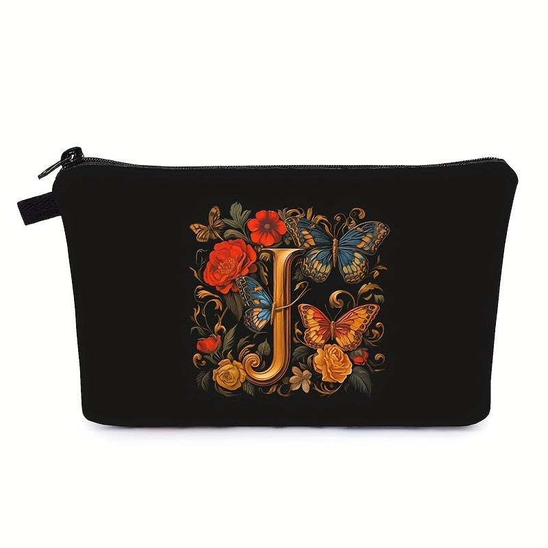 Bolsa de maquillaje negra para mujer con patrón de mariposas y flores para organizar los esenciales de belleza