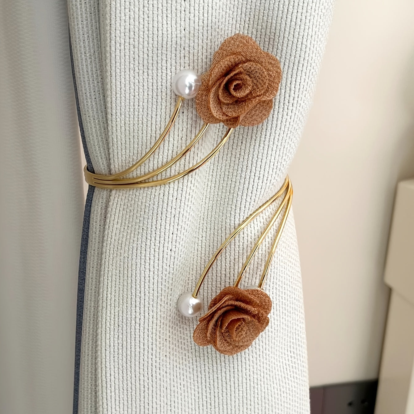 Vintage Rose Curtain Tiebacks with Floral Design Metal Clips Polyester Pearl Accents