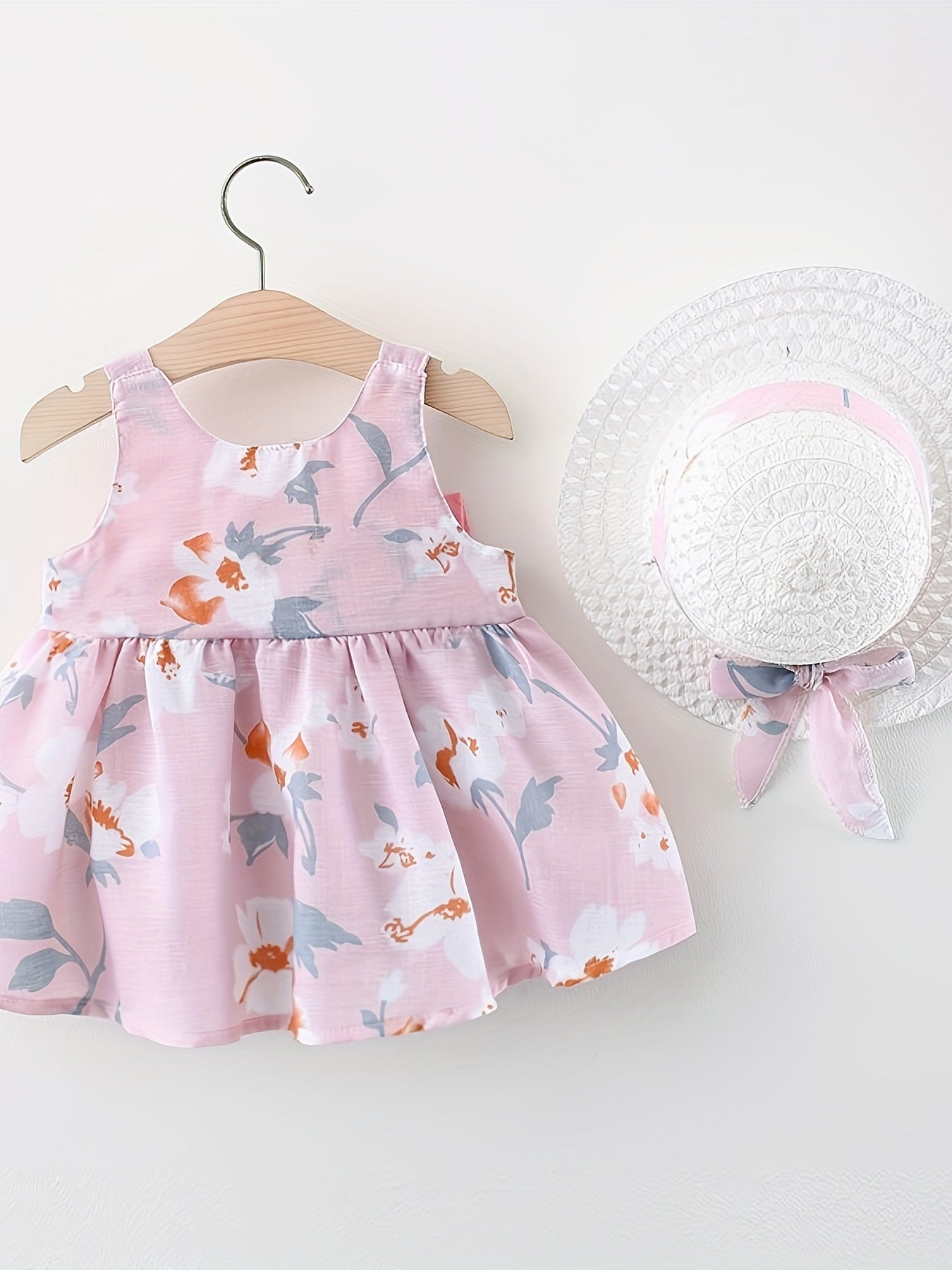 Baby Girls Summer Dress with Flower Print and Matching Hat Set