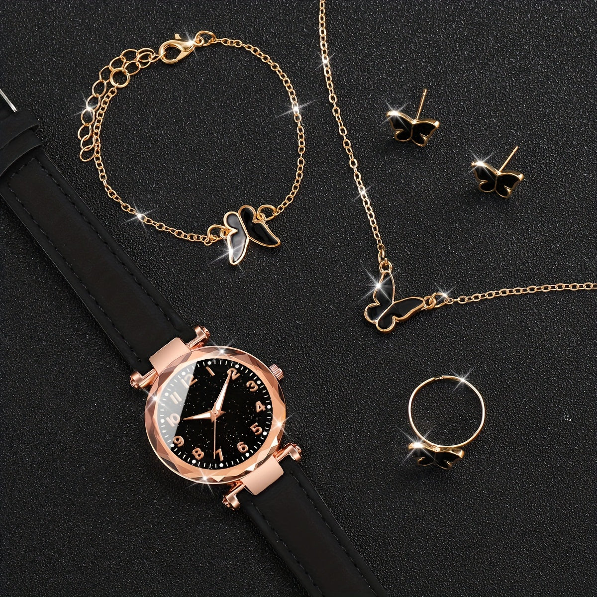 Set of 6 Women's Casual Quartz Watches with Butterfly Jewelry Alloy Case PU Leather Band