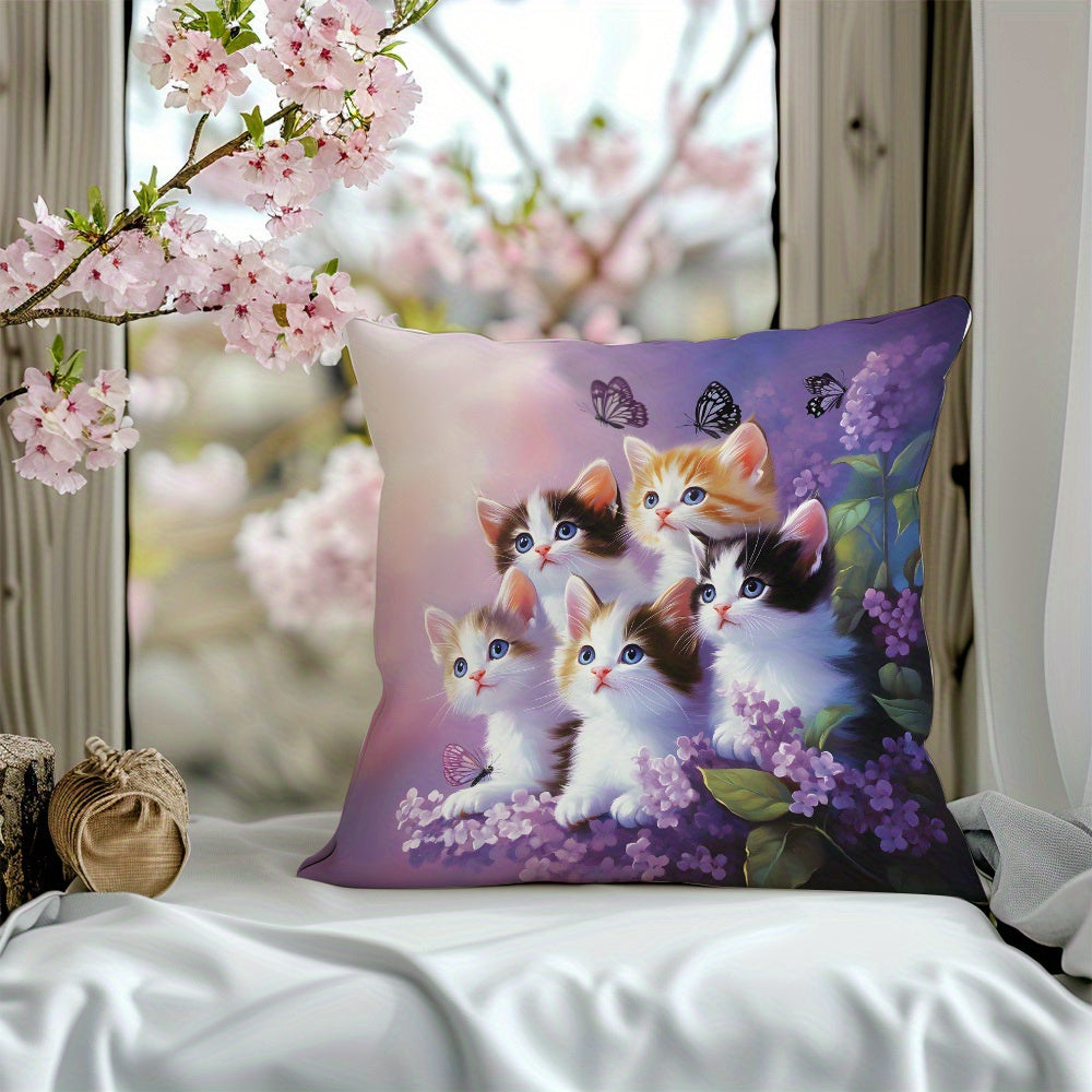 Kitten and Lavender Throw Pillow Cover Soft Polyester Knit Sofa Bed Decor