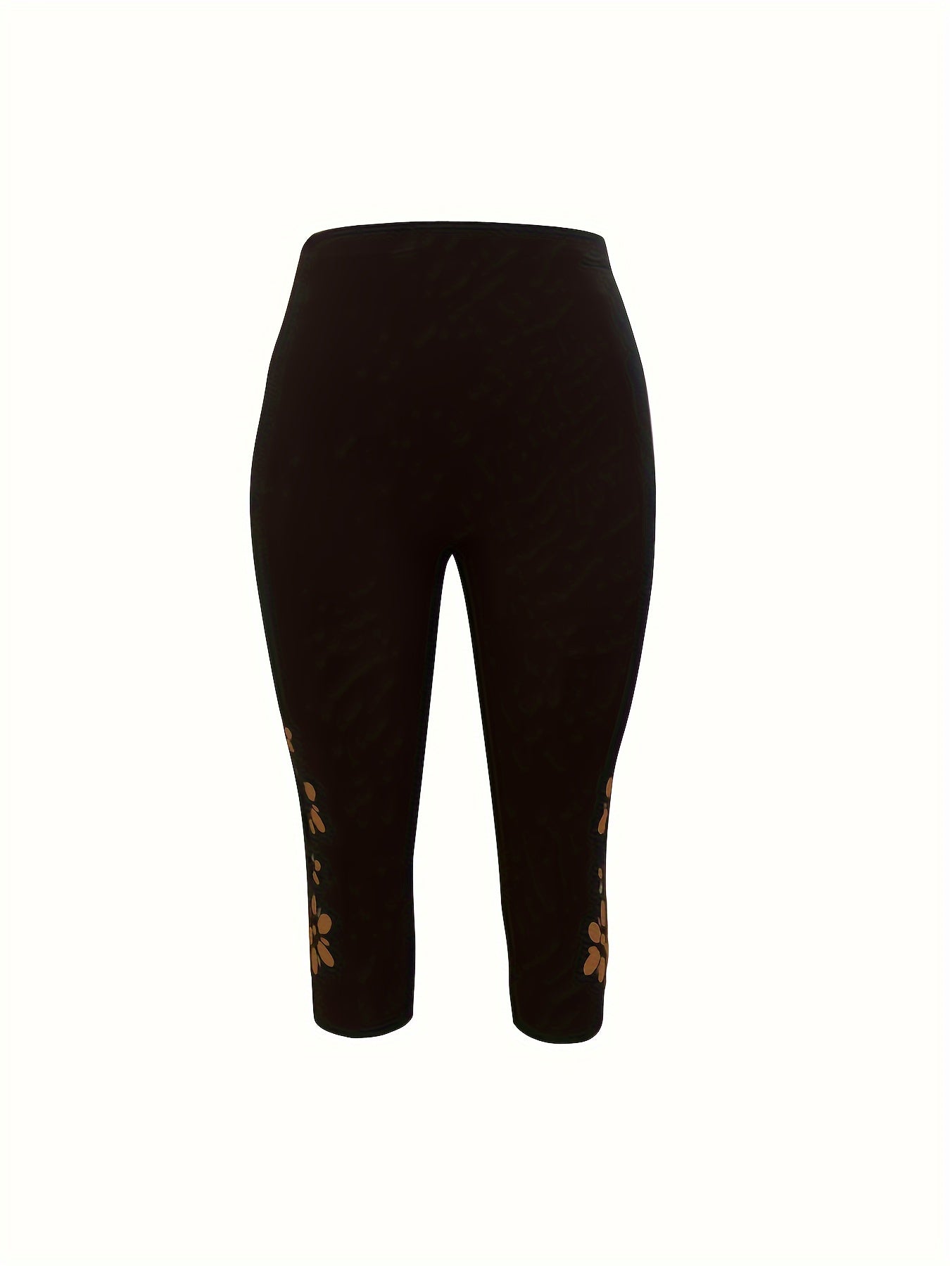 Plus Size Women's Black High-Waisted 7/8 Leggings with Floral Cut-Outs